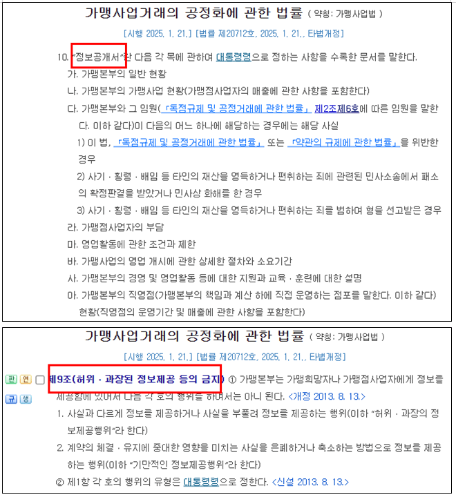 가맹본사 민사소송 패소 정보공개서 미기재 가맹사업법 위반