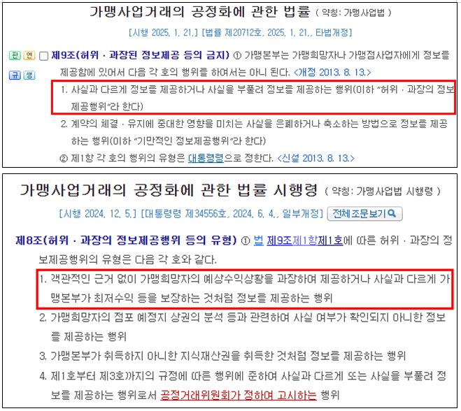 프랜차이즈 가맹점 순이익률 원가율 정보 허위과장정보 불공정